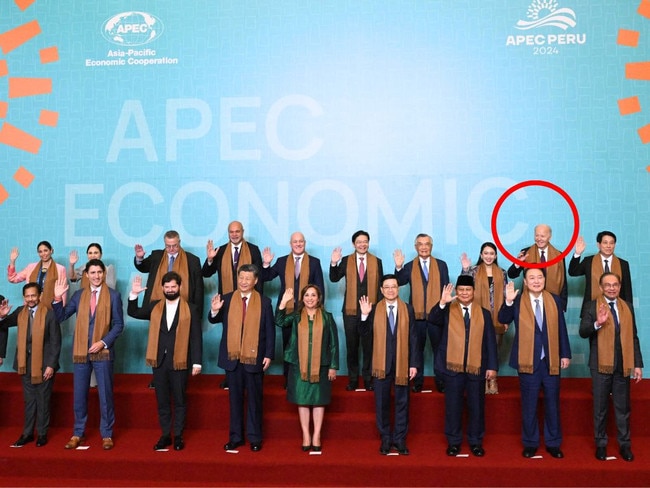 US President Joe Biden and other leaders participate in a family photo during the Asia-Pacific Economic Cooperation (APEC) Leadership Retreat summit in Peru. Picture: Saul Loeb/AFP