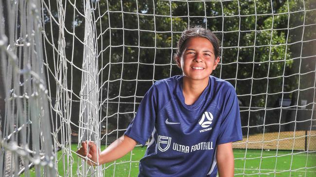 Layla Habib is a young soccer star on the rise out of Melbourne. The 12-year-old is set to have trials at four different European clubs inc Cristiano Ronaldo (Lisbane club where he was first noticed) in September as she looks to follow in the footsteps of her hero Sam Kerr. She is around 2 years ahead of her age group Layla plays for Oakleigh Cannons. Picture: Tim Carrafa