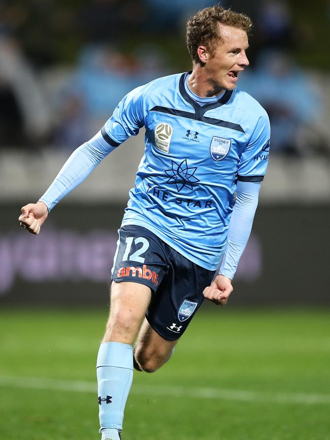 Sydney FC’s Trent Buhagiar celebrates scoring against Wellington on Friday night. Picture: Getty Images