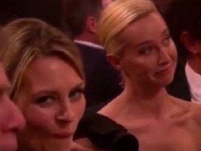 Kat Stewart and Asher Keddie react to Hughesy’s Worner gag.