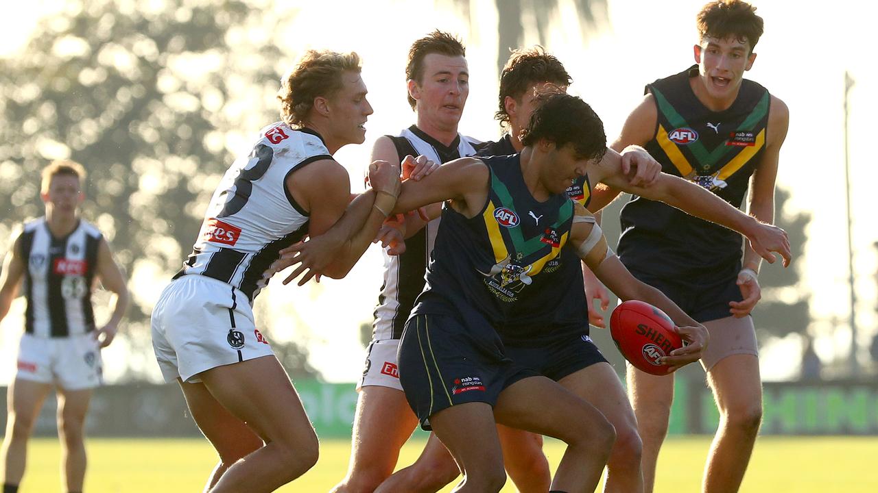 Alwyn Davey played for the Australian under 18 team against Collingwood’s VFL side in May. Picture: AFL Photos