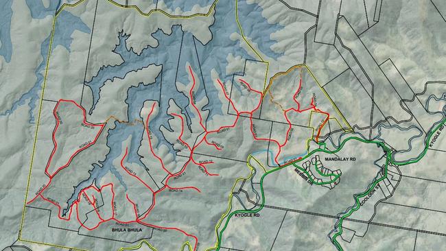 A development application proposing early works, related to a planned "intentional community" in the Mount Burrell and Kunghur area, has been lodged with Tweed Shire Council. Shown in red is a proposed network of internal roads.