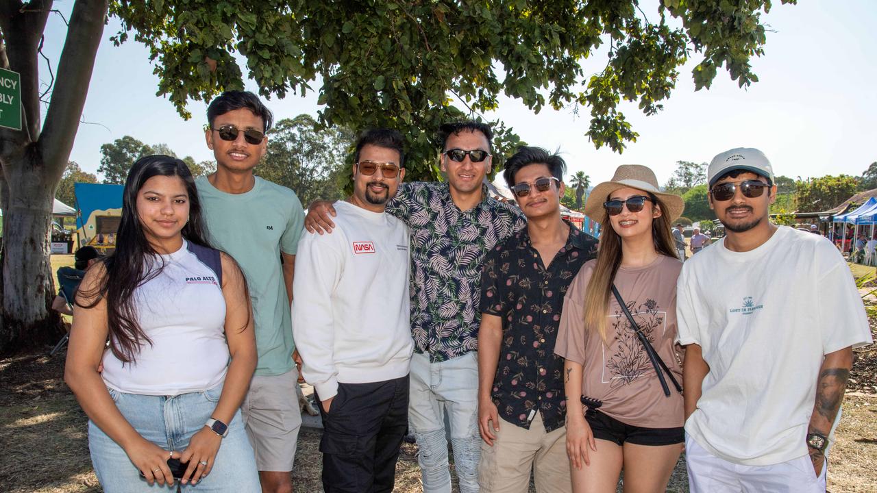 (From left) Kritika Ghimire, Dhiray Dahal, Ayush Agarwal, Sailesh Thapa, Kenish Shrestha, Youden Lama and Pratik Subedai at the Murphys Creek Chilli and Craft carnival. Sunday, September 22, 2024. Picture: Nev Madsen