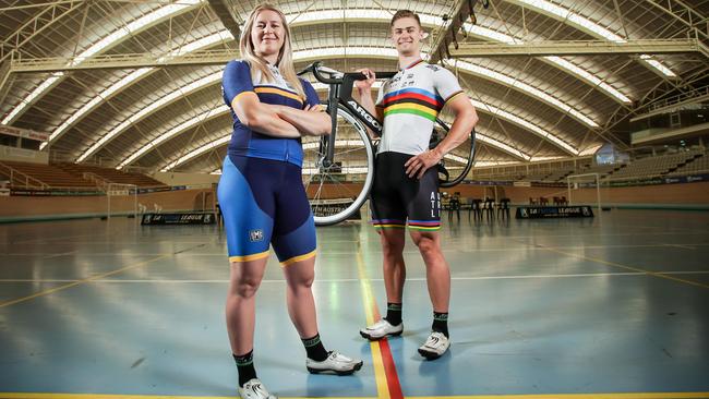 Stephanie Morton and Matthew Glaetzer at the launch of The Advertiser Track Down Under at the Adelaide SuperDrome on Monday. Picture: Mike Burton (AAP).