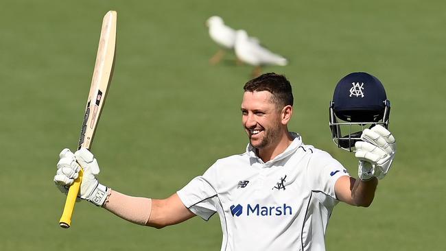 MELBOURNE, AUSTRALIA - FEBRUARY 21: Matt Short of Victoria celebrates making a century during the Sheffield Shield match between Victoria and South Australia at CitiPower Centre, on February 21, 2023, in Melbourne, Australia. (Photo by Quinn Rooney/Getty Images)