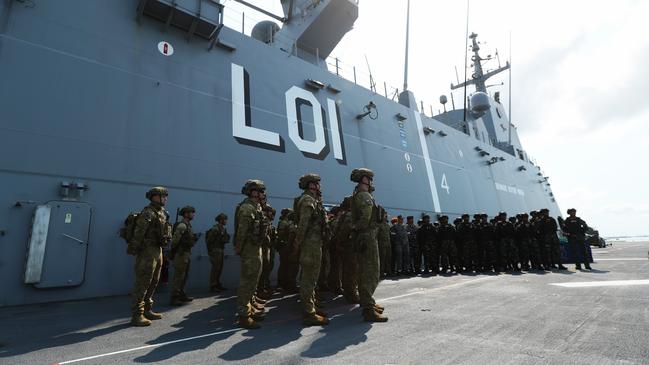 Australian Defence Force and Indonesian National Armed Forces members aboard the HMAS Adelaide ahead of Exercise Keris Woomera. Picture: Zizi Averill