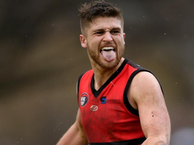 Samuel Parks celebrates during the NFL Div 3 Grand Final between Panton Hill and South Morang in  Whittlesea, Saturday, Sept. 7, 2019. Picture: Andy Brownbill