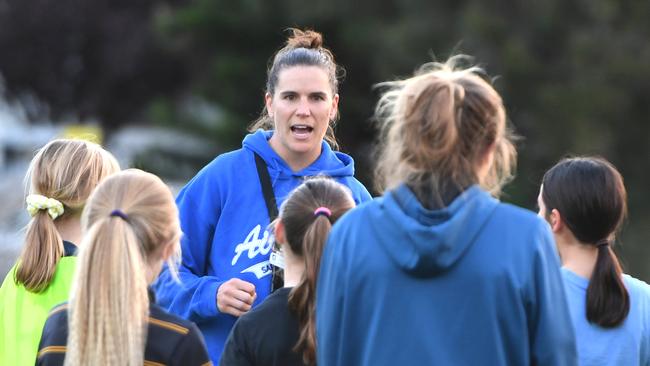 Chelsea Randall coaching Airport district players at Henley Beach Primary School ahead of this week’s Sapsasa Metro Football Carnival. Picture: Tricia Watkinson