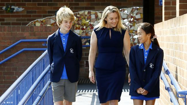 Trish Fisher with school captains Jonah Cignetti -12 and Niina obuchi — 12. Picture: John Appleyard