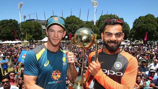 Tim Paine and Virat Kohli with the Border-Gavaskar Trophy ahead of the Boxing Day Test. Picture: Getty