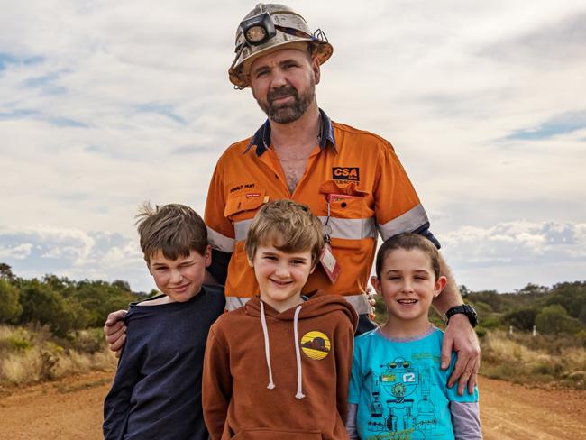 Donald Hunt outside the CSA copper mine near Cobar. with James Hunt (10), Angus Hunt (8), and Wolfgang Donaldson (6). Picture Klae McGuiness