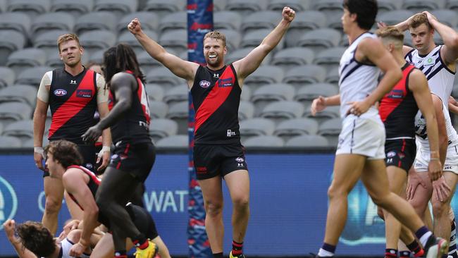 Jake Stringer celebrates Essendon’s thrilling win on the final siren in Round 1. Picture: Michael Klein