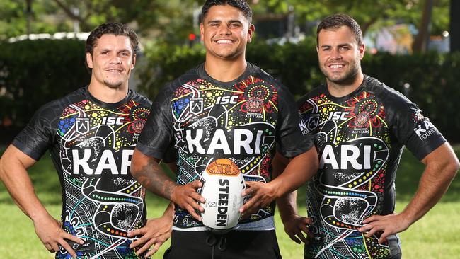 The NRL All Stars arrive on the Gold Coast. Left to right, James Roberts, Latrell Mitchell and Wade Graham. Picture Glenn Hampson