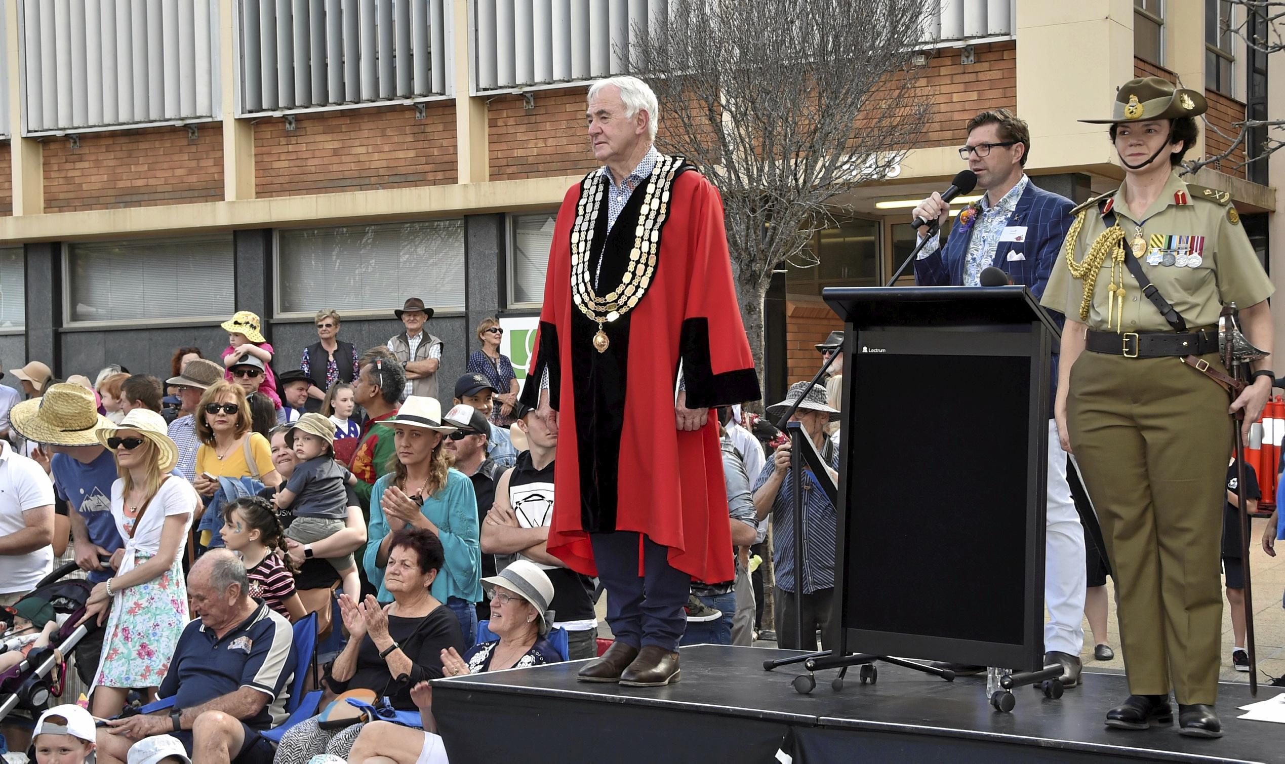 TRC Mayor Paul Antonio, Cr Geoff McDonald, and Major General Katherine Campbell . Visitors to the 70th Carnival of Flowers were treated to a Freedom of the City ceremony.  Carnival of Flowers 2019: Freedom of the City. September 2019. Picture: Bev Lacey