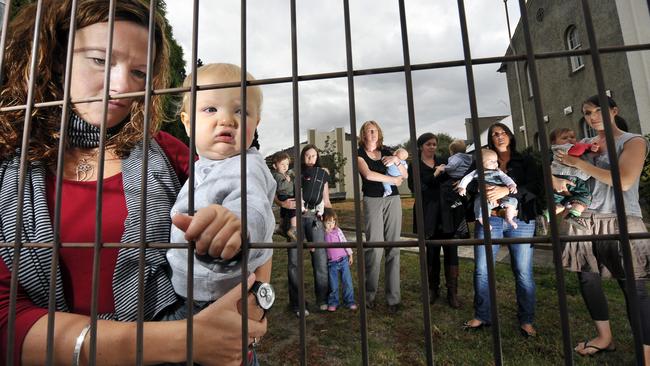 Rachel Hamilton with son Sonny, then 1, and other parents were angry about having to move the West Brunswick Playgroup.