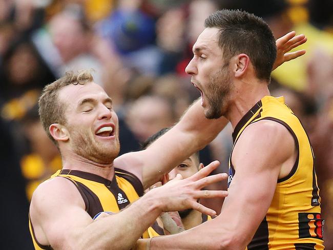 AFL Round 20. 04/08/2018. Hawthorn v Essendon at the MCG.  Hawthorn's Jack Gunston celebrates his goal in the fourth quarter  .Pic: Michael Klein