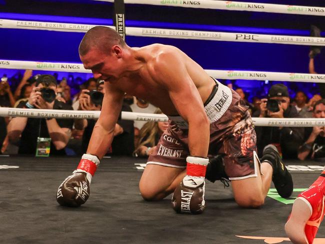 ORLANDO, FLORIDA - OCTOBER 19: Bakhram Murtazaliev walks to the corner after knocking down Tim Tszyu at Caribe Royale Orlando on October 19, 2024 in Orlando, Florida.   Alex Menendez/Getty Images/AFP (Photo by Alex Menendez / GETTY IMAGES NORTH AMERICA / Getty Images via AFP)