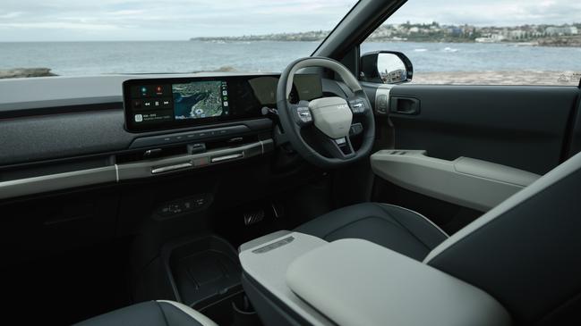 Interior features of the Kia EV3 GT-Line include heated and cooled front seats, the expansive digital dash and an eight-speaker Harman Kardon sound system.