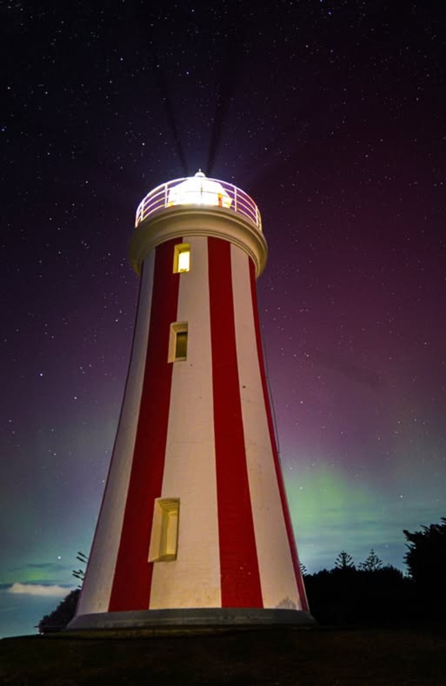 Mersey Bluff lighthouse. Impressive Aurora hits Northern Tasmania on June 1, 2025. Picture: Jai Moyle