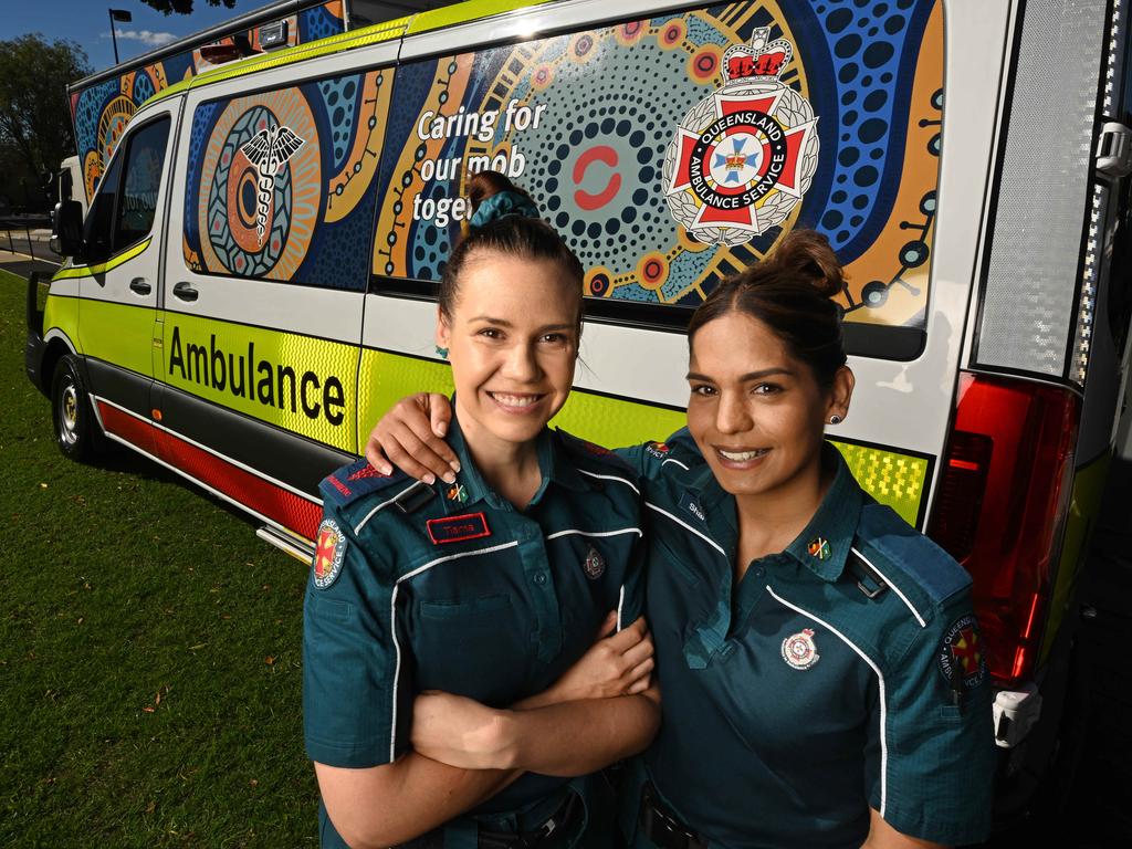 Paramedics Tiarne Hilton and Sharna Hill are part of the Indigenous paramedics program. Picture: Lyndon Mechielsen/Courier Mail