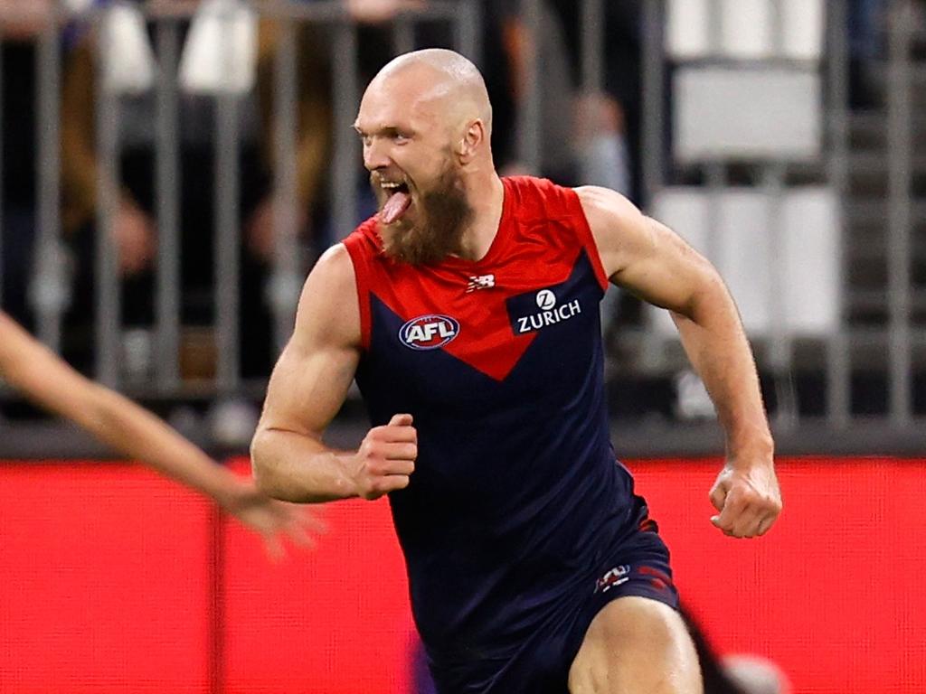 PERTH, AUSTRALIA - SEPTEMBER 10: Max Gawn of the Demons celebrates during the 2021 AFL First Preliminary Final match between the Melbourne Demons and the Geelong Cats at Optus Stadium on September 10, 2021 in Perth, Australia. (Photo by Michael Willson/AFL Photos via Getty Images)