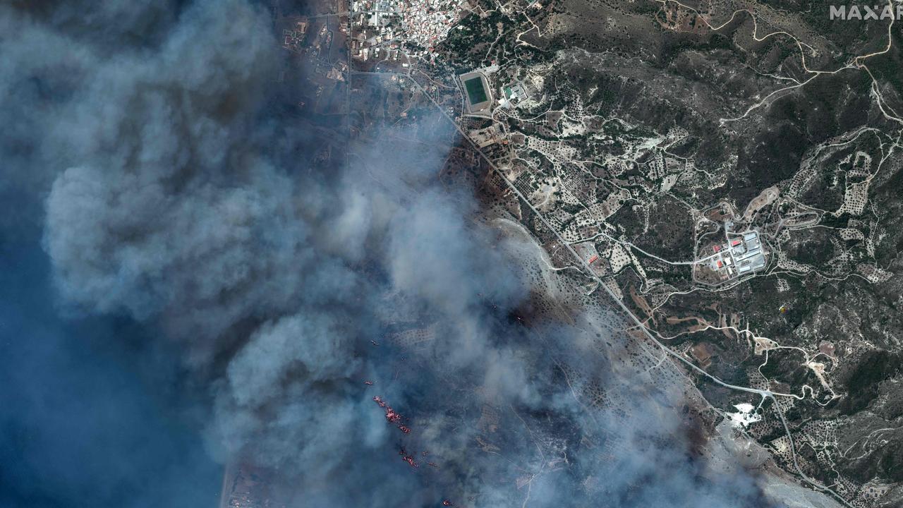 This satellite image taken by Maxar Technologies on July 24, 2023, shows a view of a fire near Gennadi on Rhodes island in Greece. Picture: AFP.