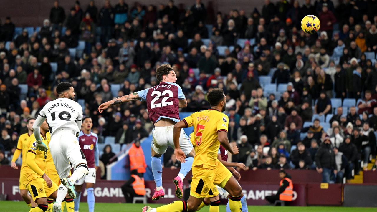 BIRMINGHAM, ENGLAND – DECEMBER 22: Nicolo Zaniolo of Aston Villa scores their team's first goal during the Premier League match between Aston Villa and Sheffield United at Villa Park on December 22, 2023 in Birmingham, England. (Photo by Shaun Botterill/Getty Images)