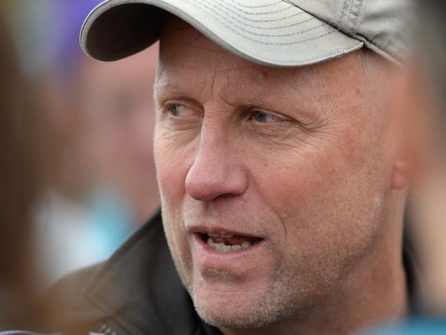 MPNFL Division 2: Karingal v Crib Point, 300th game for Luke Van Raay at Ballam Park, Frankston. The Bulls kicked 8 goals in the first term with Van Raay starting forward and booting two himself. Crib Point coach Steve Hamill tries to lift his team. Picture: AAP/ Chris Eastman