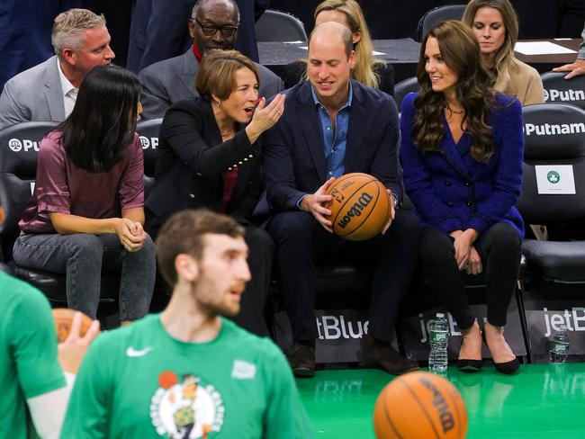 Mayor of Boston Michelle Wu, Governor-elect Maura Healey, Prince William, and Catherine chat courtside as Boston Celtics take on Miami Heat on Wednesday night local time. Picture: AFP.