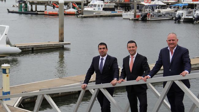 Ross Pelligra, Dion Giannarelli and Dean Giannarelli visit the site for their $480m development at Mariners Cove. Picture: Supplied.