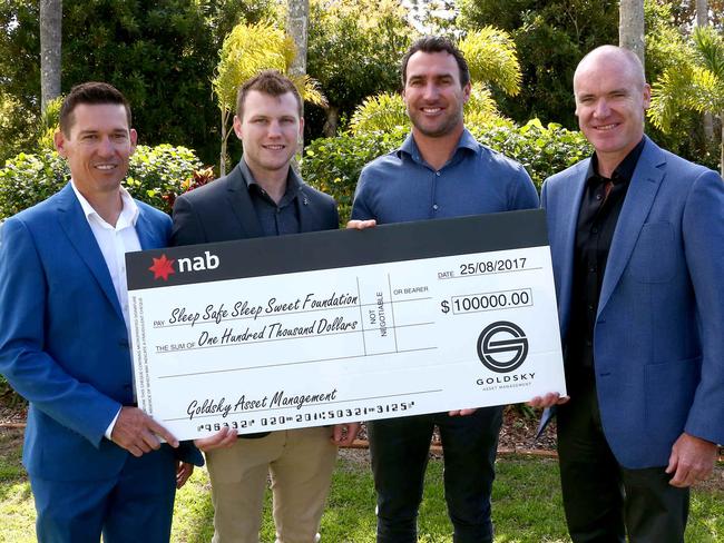 Pictured at the launch of Sleep Safe Sleep Sweet foundation are boxer Jeff Horn, surfer Joel Parkinson and cyclists Stu O'Grady and Robbie McEwen. None of the sports stars are accused of any wrongdoing. Picture: Mike Batterham