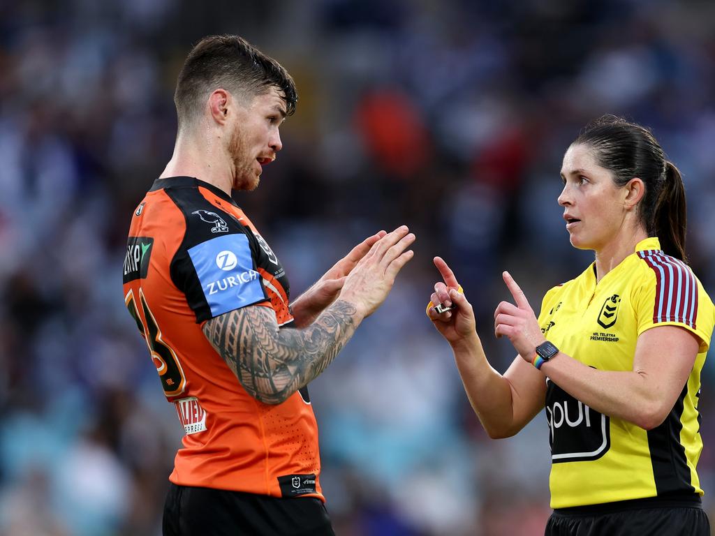 SYDNEY, AUSTRALIA - MAY 04: Referee, Kasey Badger speaks with John Bateman of the Tigers during the round nine NRL match between Canterbury Bulldogs and Wests Tigers at Accor Stadium, on May 04, 2024, in Sydney, Australia. (Photo by Brendon Thorne/Getty Images)