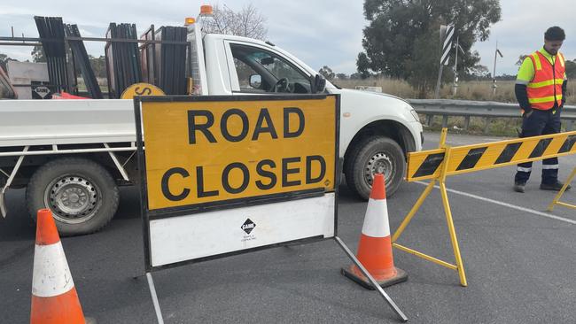 GAME traffic and contracting closed off the intersection connecting Lancaster Mooroopna Rd and Echuca Rd. Picture: Jack Colantuono