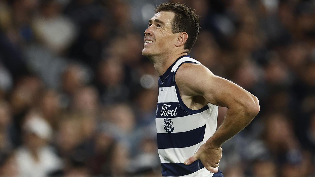 MELBOURNE, AUSTRALIA - MARCH 23: Jeremy Cameron of the Cats reacts after kicking a goal during the round two AFL match between Carlton Blues and Geelong Cats at Melbourne Cricket Ground, on March 23, 2023, in Melbourne, Australia. (Photo by Daniel Pockett/Getty Images)