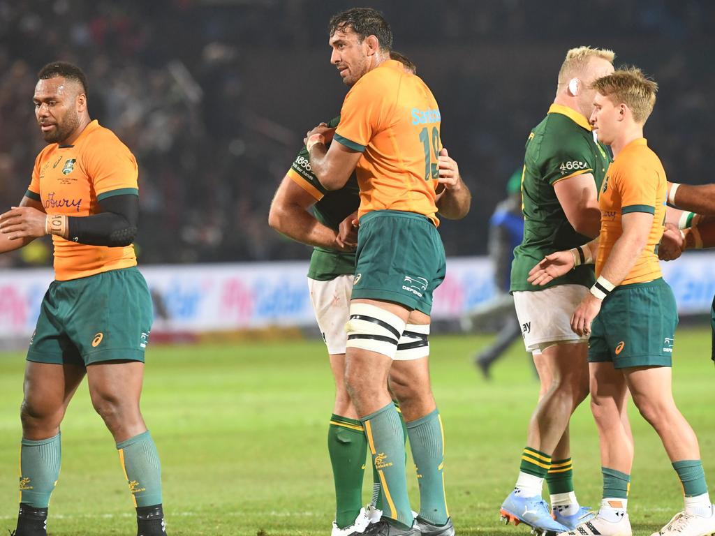 Players shake hands at the end during the Rugby Championship match between South Africa and Australia at Loftus Versfeld Stadium on July 08, 2023 in Pretoria, South Africa. (Photo by Sydney Seshibedi/Gallo Images)