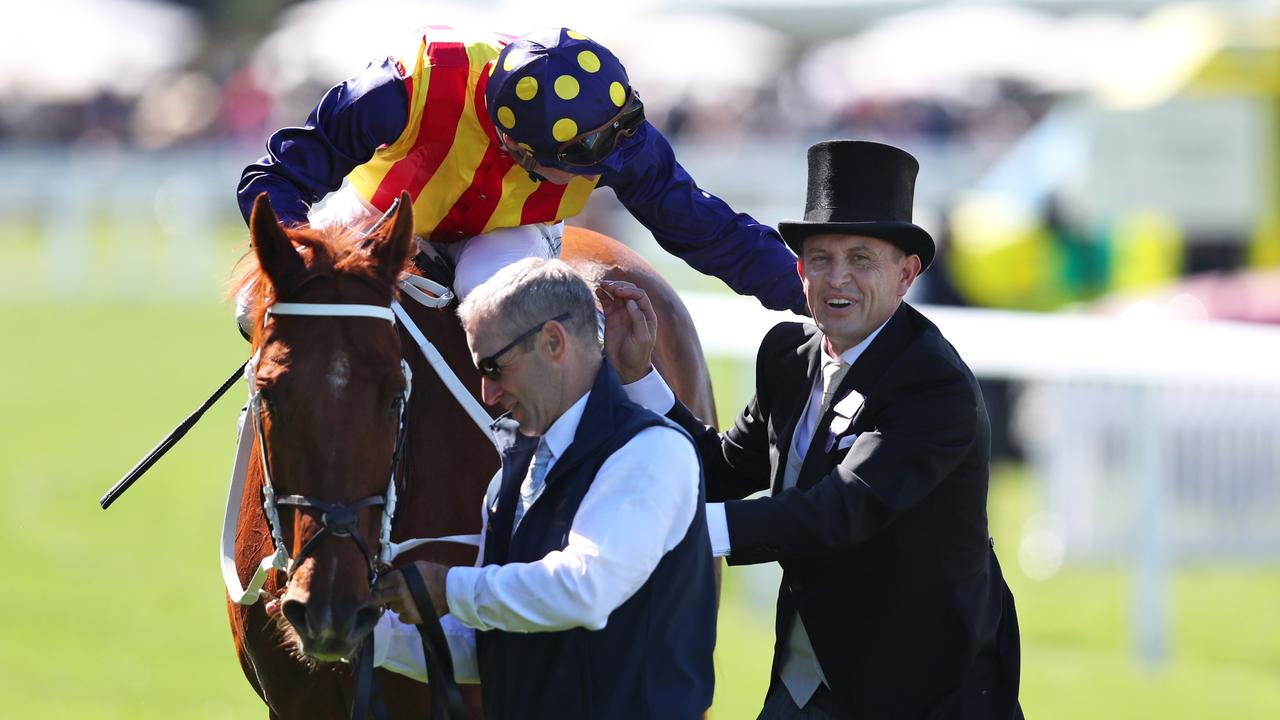 James McDonald celebrates with trainer Chris Waller after winning the King's Stand Stakes with Nature Strip. Picture: Alex Livesey/Getty Images
