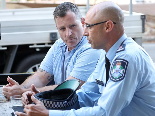 Founder of RSNCW Damion Douglass during a meting with Minister for Police and Emergency Services Dan Purdie, Acting Police Inspector Matt Scott, and Minister for Youth Justice and Victim Support and Minister for Corrective Services Laura Gerber, Rochedale South. Picture: Liam Kidston