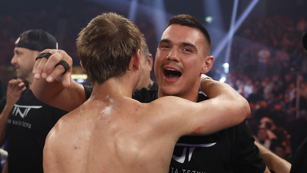 NEWCASTLE, AUSTRALIA - MAY 11: Nikita Tszyu celebrates his win with brother Tim after the bout between Nikita Tszyu and Mason Smith as part of the King of the Castle Fight Night at Newcastle Entertainment Centre on May 11, 2022 in Newcastle, Australia. (Photo by Mark Evans/Getty Images)