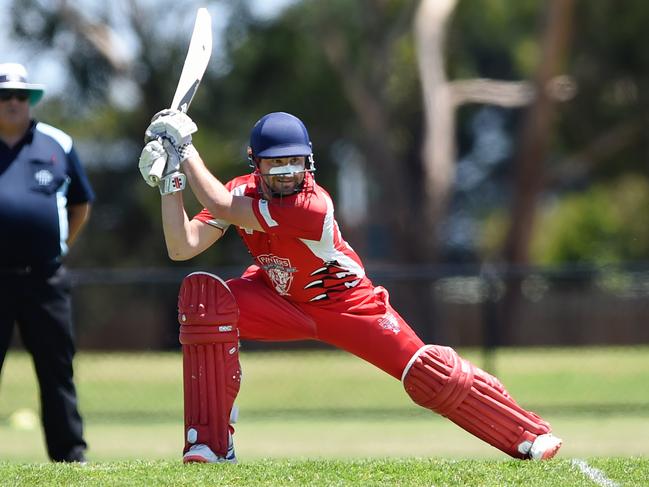 Devon Meadows batsman Lucas Carroll cracks a boundary.