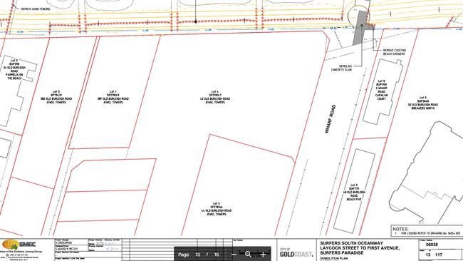 Detailed design for the Surfers Paradise South Oceanway. The blue line is the A-line wall, the rock boulder buffer which protects properties. The Oceanway will be built to the east.