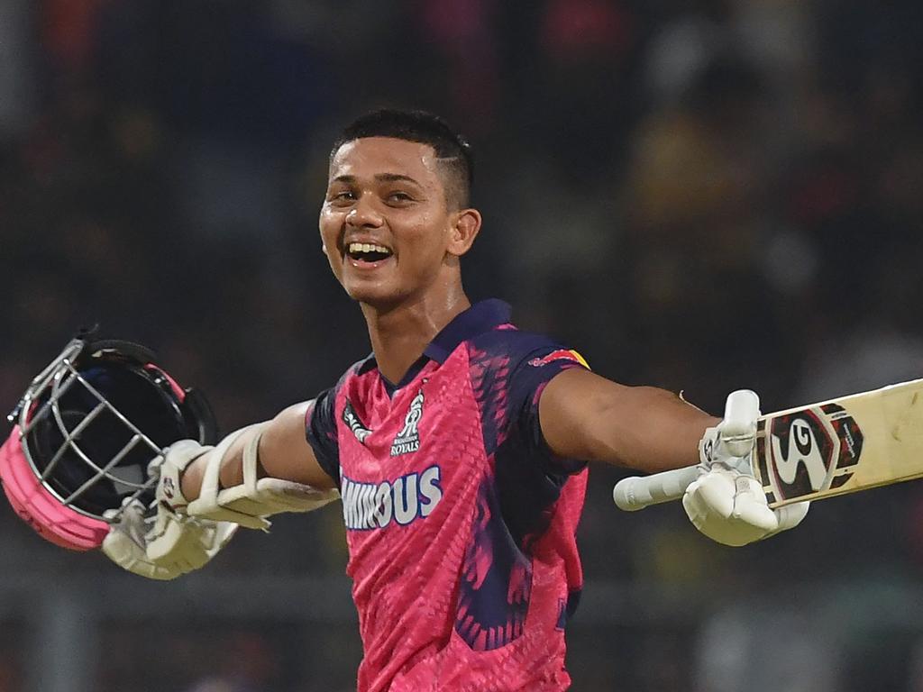 Rajasthan Royals' Yashasvi Jaiswal celebrates after winning the Indian Premier League (IPL) Twenty20 cricket match between Kolkata Knight Riders and Rajasthan Royals at the Eden Gardens Stadium in Kolkata on May 11, 2023. (Photo by Dibyangshu SARKAR / AFP)