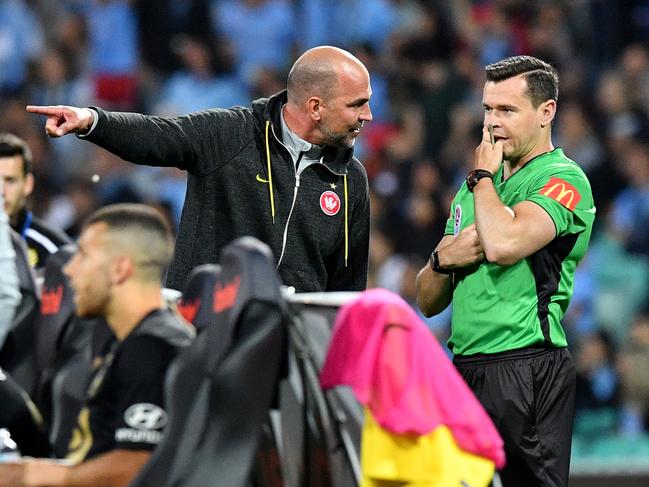 Wanderers head coach Markus Babbel (left) is seen reacting to the VAR during the Round 2 A-League match between Sydney FC and Western Sydney Wanderers at Sydney Cricket Ground in Sydney, Saturday, October 27, 2018. (AAP Image/Brendan Esposito) NO ARCHIVING, EDITORIAL USE ONLY