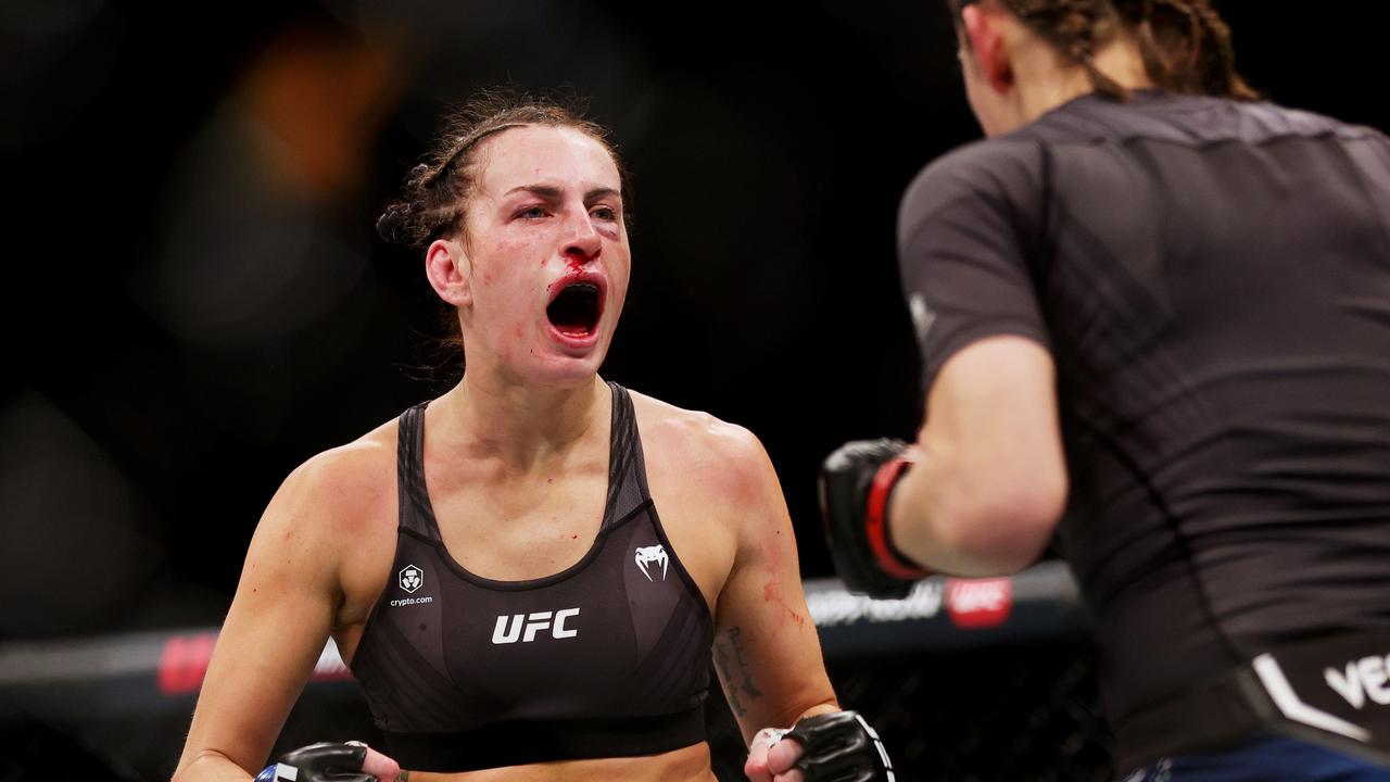 Casey O’Neill helped retire Roxanne Modafferi at UFC 271. Picture: Carmen Mandato/Getty