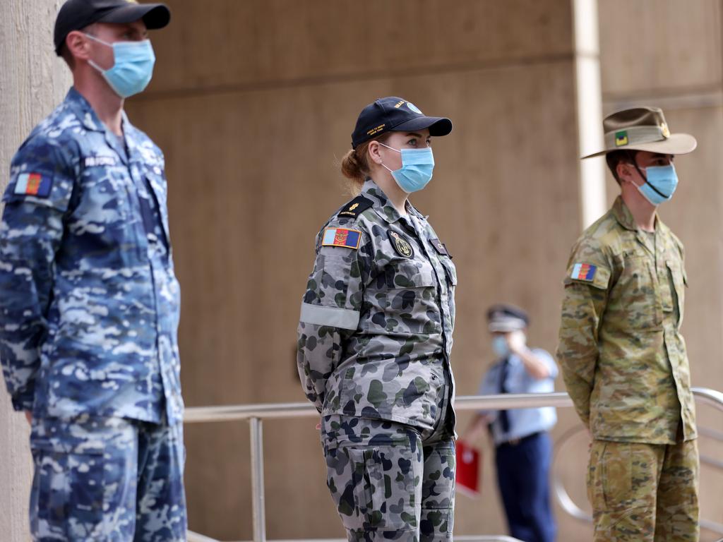 Military at a press conference regarding the deployment of ADF personnel across Greater Sydney. Picture: NCA NewsWire / Damian Shaw