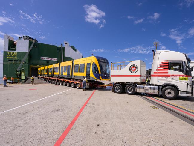 The first of the five new trams built for the expanded G:link network arrives at the Port of Brisbane.