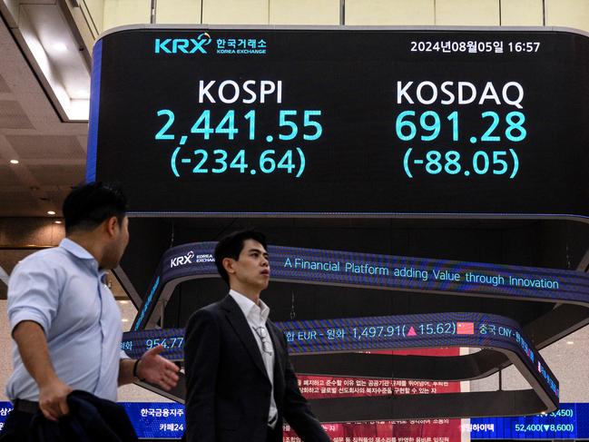 People walk under a monitor displaying the benchmark Kospi index and the Korean Securities Dealers Automated Quotations (KOSDAQ) after the close of trading in Seoul on August 5, 2024. Seoul's stocks plunged more than eight percent at closing, after weak US jobs data fanned fears of a recession in the world's top economy and boosted bets on several Federal Reserve interest rate cuts. (Photo by ANTHONY WALLACE / AFP)