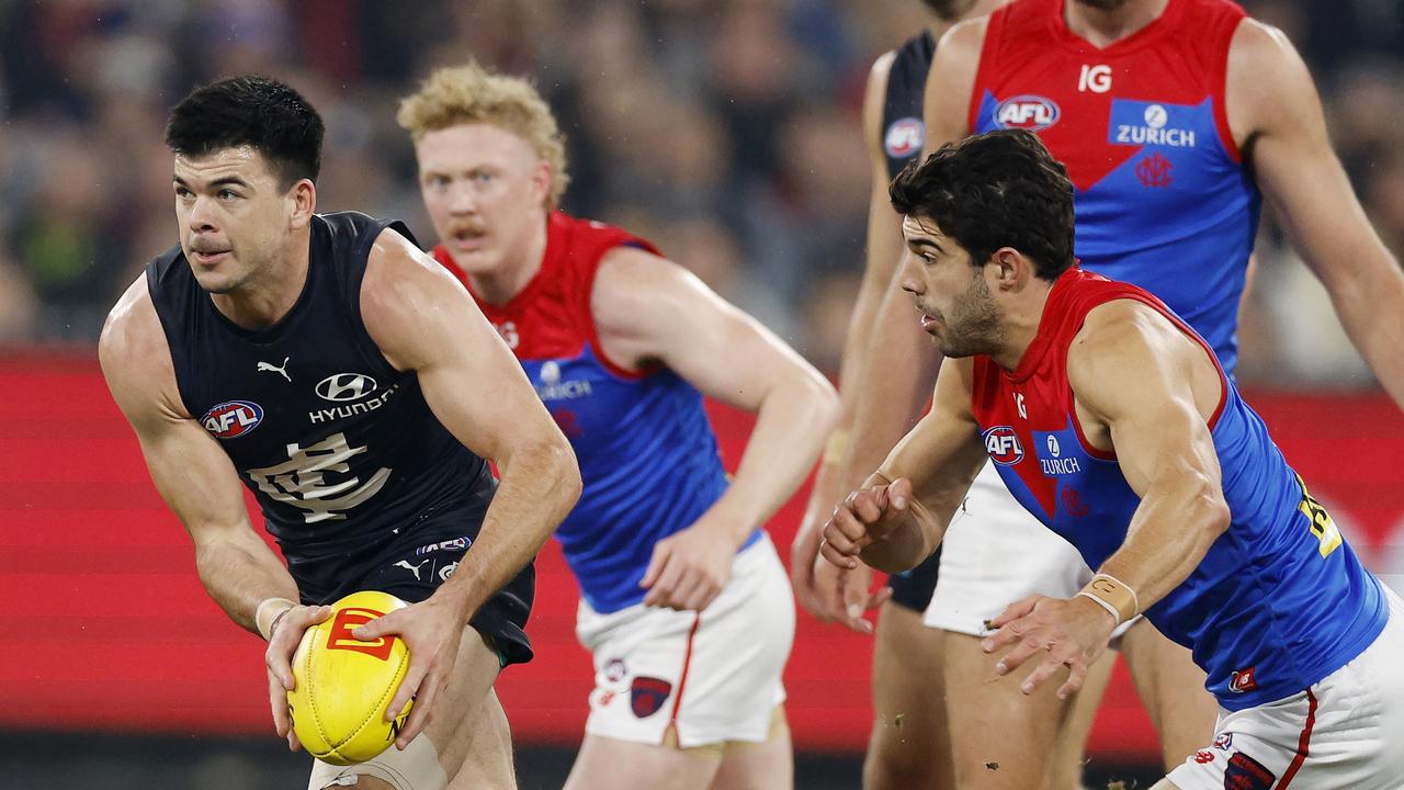 Carlton’s Matt Kennedy (left) won the early midfield battle against Christian Petracca (right), only for the Melbourne star to move forward and deliver a five-goal masterclass. Picture: Michael Klein