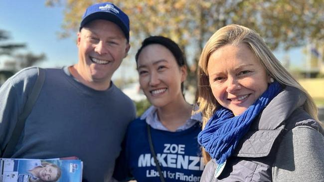 Liberal candidate Flinders Zoe McKenzie was joined at the booths by Liberal candidate for Mornington Chris Crewther and wife Grace. Picture: supplied