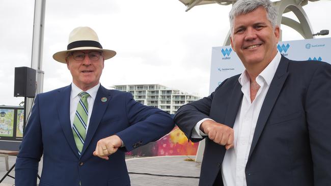 Mayor Mark Jamieson and Walker Corporation executive George Quinn announce the development agreement for the Maroochydore city centre. Picture: Tegan Annett