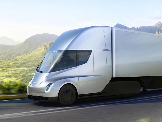 This photo provided by Tesla shows the new electric semitractor-trailer unveiled on Thursday, Nov. 16, 2017. The move fits with Tesla CEO Elon Musk's stated goal for the company of accelerating the shift to sustainable transportation. (Tesla via AP)